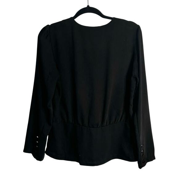 Elodie Black Surplice Wrap Blouse Size L – Long Sleeve V‑Neck Peplum Style - Picture 3 of 7